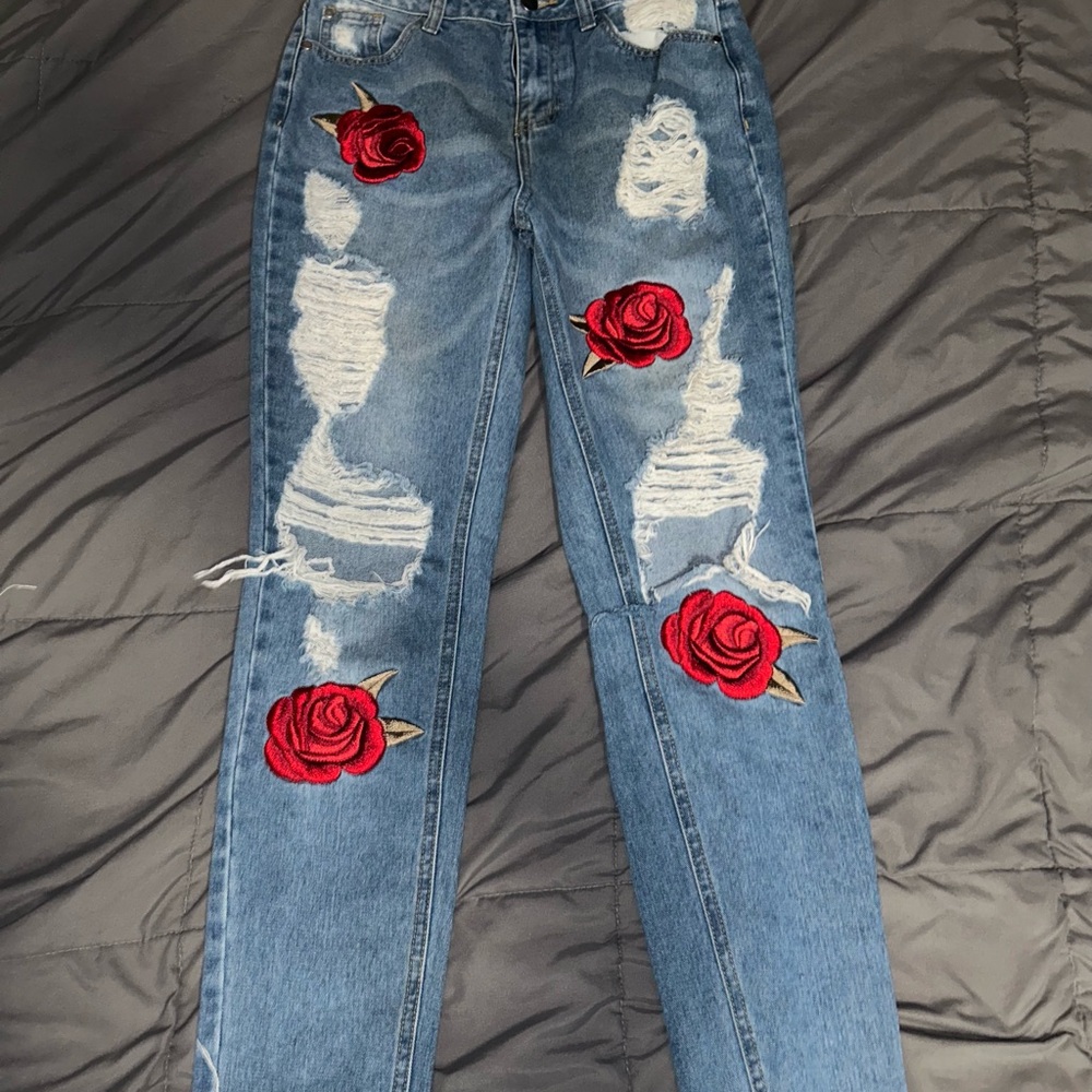 Women's Blue Distressed Jeans with Red Rose Embroidery